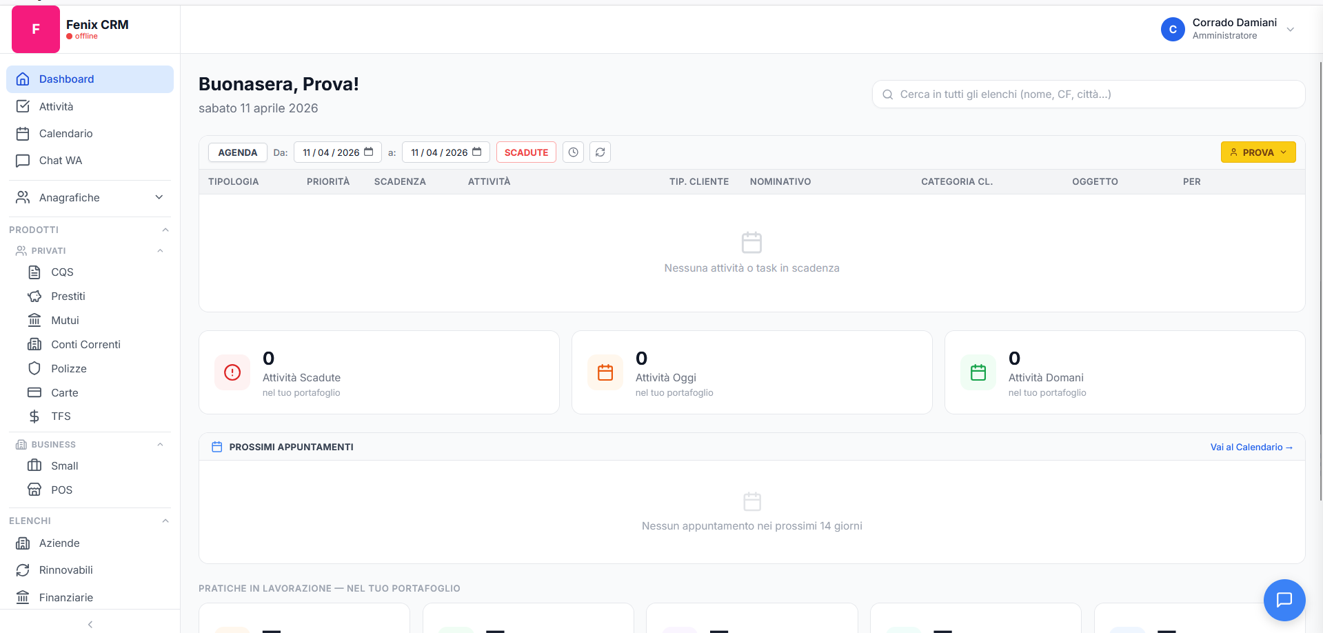 FenixCRM Dashboard — Screenshot reale
